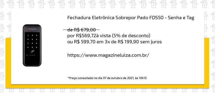 Fechadura eletrônica pado FDS50 - Senha e Tag