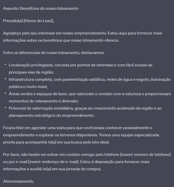 O ChatGPT também ajuda empresas imobiliários a escrever e-mails para seus leads.