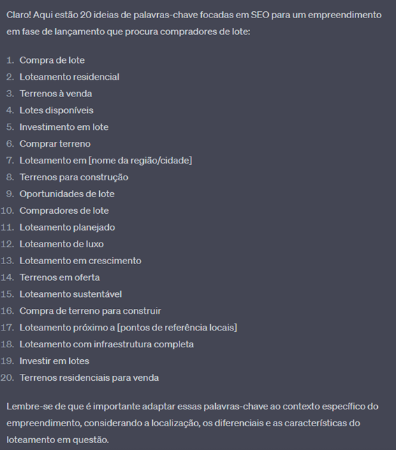 Ideias de palavras-chave fornecidas pelo ChatGPT para otimizar o SEO de empresas do setor imobiliário.
